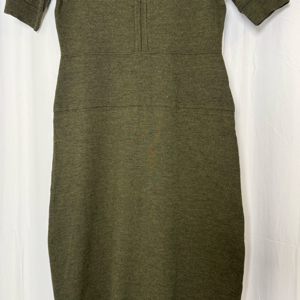 Talbots Olive Green Ribbed Knit Dress Wool Blend V Neck Short Sleeve Small - Picture 6 of 14